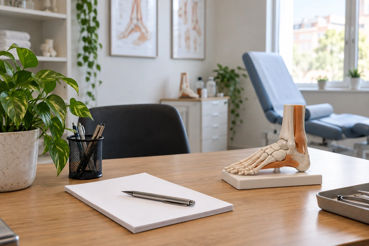 Mesa de consulta con modelo anatómico de pie (foto de muestra)